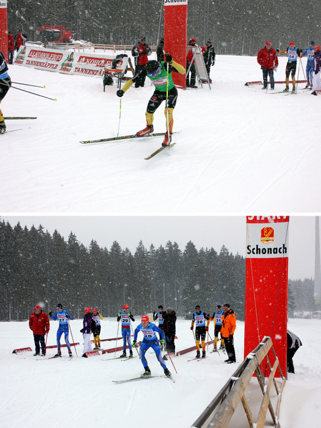 Denis Klarin im grünen Trikot des Führenden in der Gesamtwertung (Bild oben) - Florian Hüttl startet in das 5-km-Rennen (Bild unten)