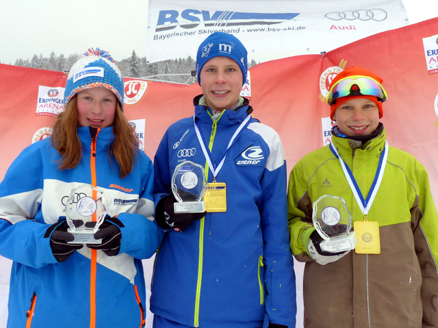 Bayerische Schülermeister 2015 in der Nordischen Kombination (von links nach rechts): Sophia Maurus, David und Simon Mach