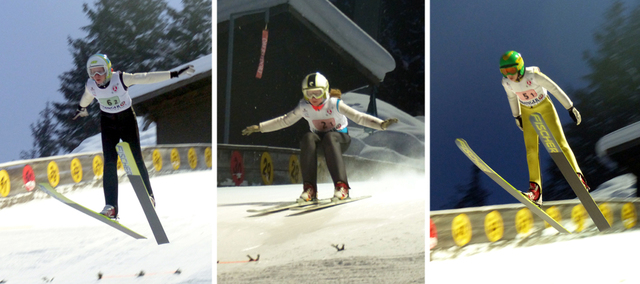 Die Buchenberger beim Teamspringen unter Flutlicht: David Mach (Bild links), Sophia Maurus (Bild Mitte) und Simon Mach (Bild rechts)