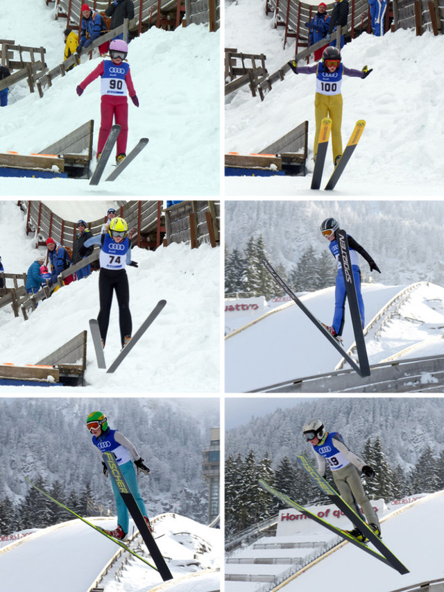 Die Buchenberger Skispringer/innen auf der K19- und K30-Schanze: Anna Piekenbrock (Bild oben links), Jakob Marcher (oben rechts), Sylvia Färber (Mitte links), Jakob Schupp (Mitter rechts), Lucas Mach (unten links) und Beat Wiedemann (unten rechts)