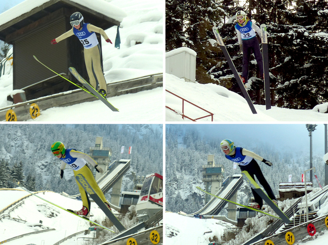 Die TSV-Adler auf der K56-Schanze: Aaron Wiedemann (oben links), Sophia Maurus (oben rechts), Simon Mach (unten links) und David Mach (unten rechts) 