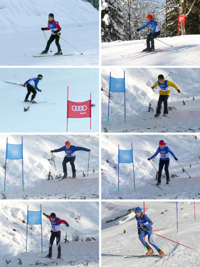 Alpine Fahrformen mit Sprungschanze und Slalomfahren: Anna Piekenbrock, Beat Wiedemann (1. Bilderreihe von links nach rechts) – Lucas Mach, Aaron Wiedemann (2. Bilderreihe) – Simon Mach, Sophia Maurus (3. Bilderreihe) – Jakob Schupp und David Mach      (4. Bilderreihe)