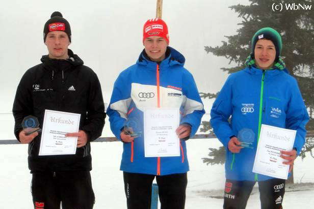 Florian Hüttl (Mitte) platzierte sich im 5-km-Sprint auf dem 5. Platz zwischen Nils Albrecht (WSV Schmiedefeld) und Tim Westerbeek (SC Sohland)