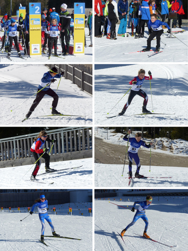 Kombi-Lauf auf einem Teilstück der WM-Biathon-Strecke: Anna Piekenbrock (Nr. 15) und Beat Wiedemann am Start (1. Bildereihe von links nach rechts) – Lucas Mach, Jakob Schupp (2. Bilderreihe) – Sylvia Färber, Simon Mach (3. Bilderreihe) – Sophia Maurus, David Mach (4. Bilderreihe)