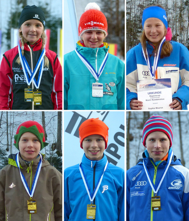 Bei der Bayerncup-Gesamtsiegerehrung auf dem Podest: Anna Piekenbrock, Sylvia Färber, Sophia Maurus (obere Bilderreihe von links nach rechts) – Die Mach-Brüder: Lucas, Simon und David (untere Bilderreihe)